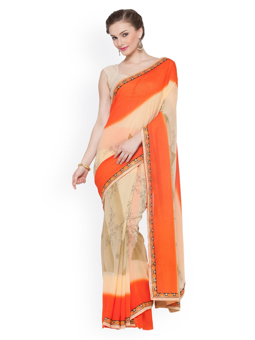 

Kvsfab Beige & Orange Poly Georgette Printed Saree