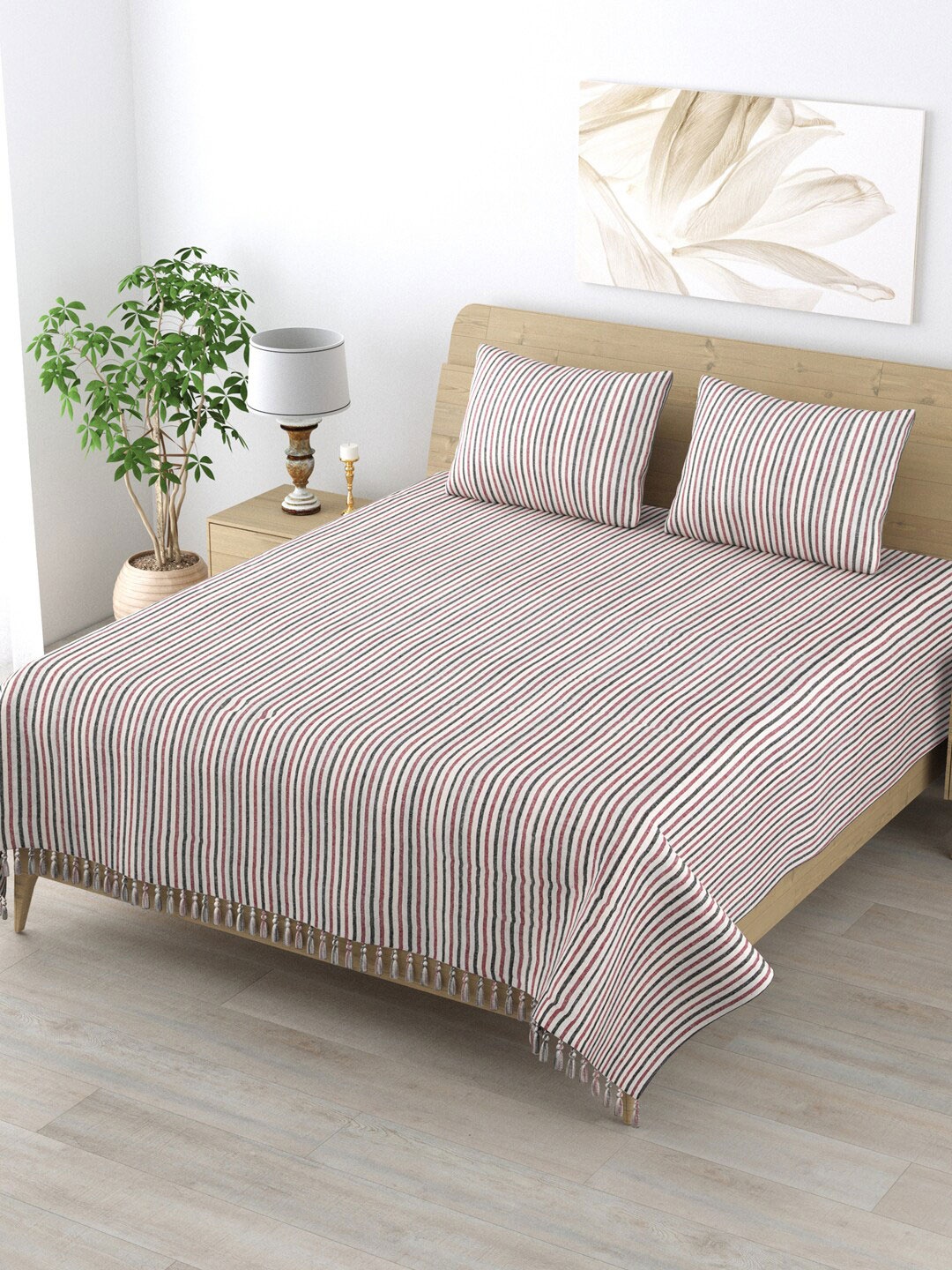 

Varde Maroon & White Striped 210 TC King Flat Pure Cotton Bedsheet with 2 Pillow Covers