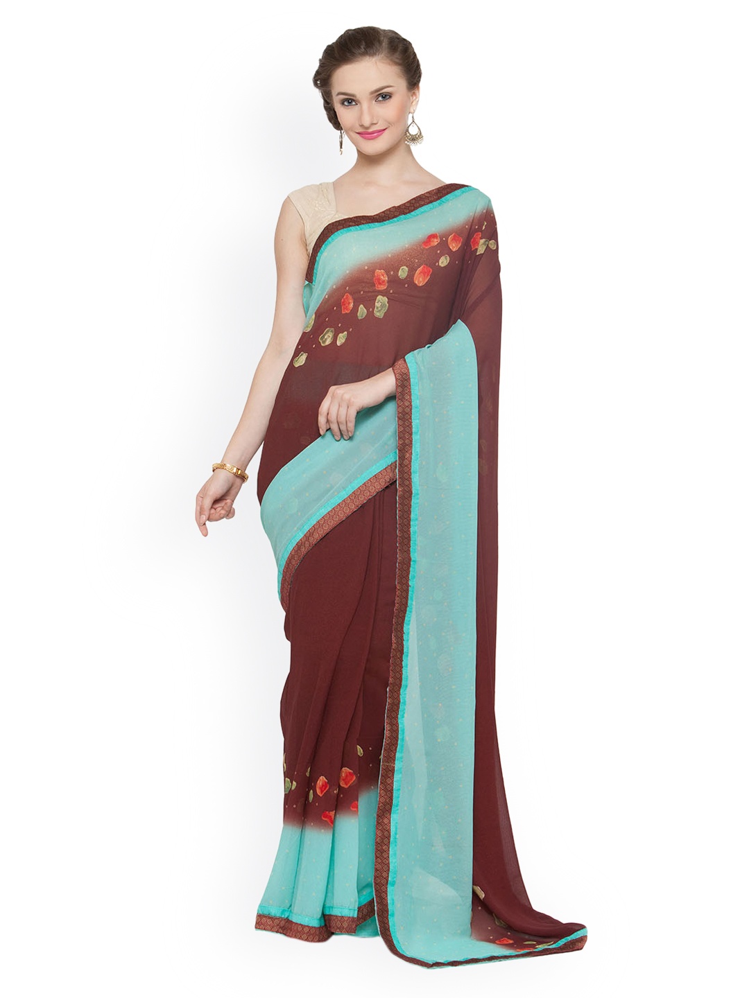 

Kvsfab Blue & Brown Poly Georgette Printed Saree