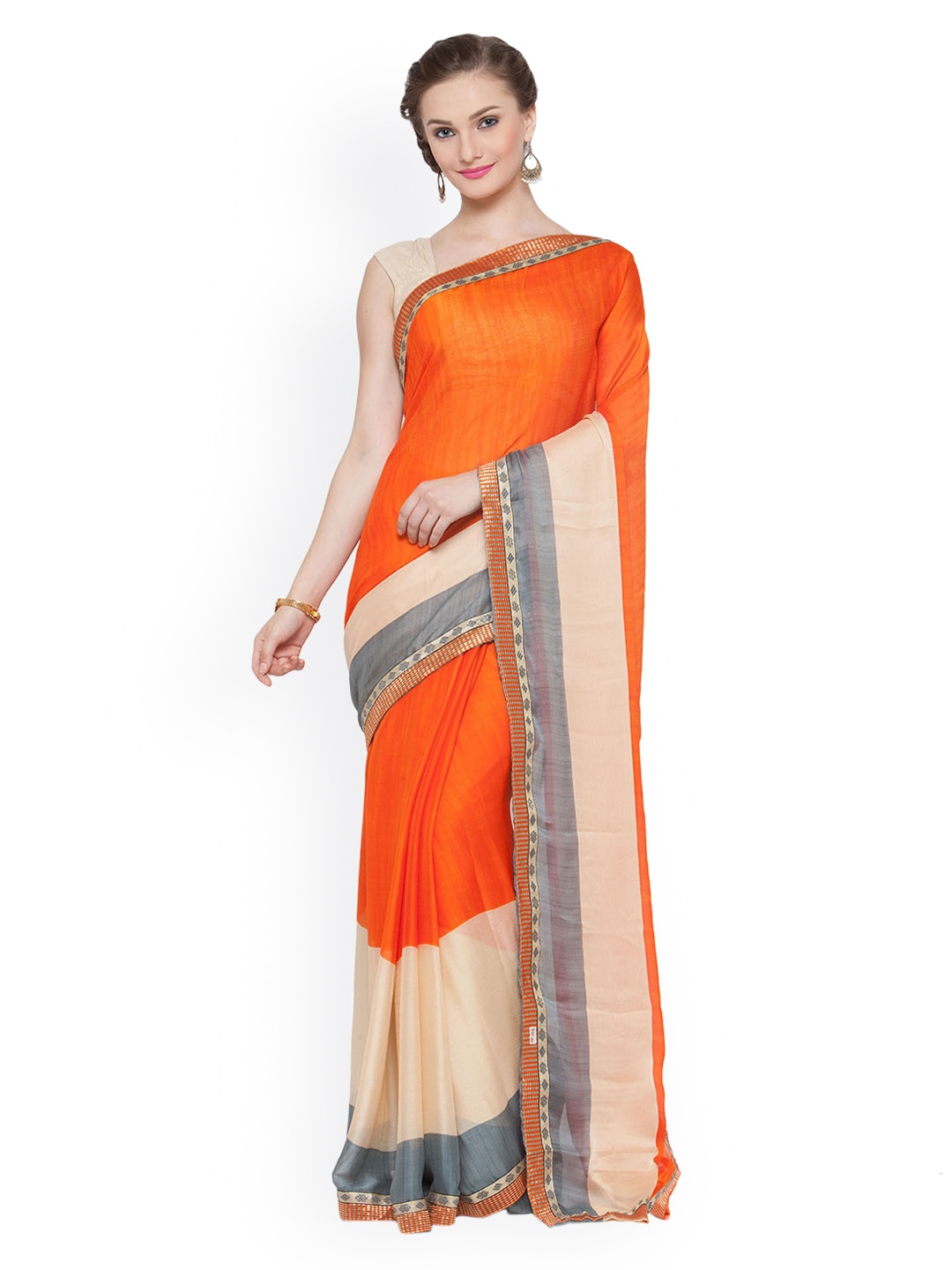 

Kvsfab Orange Printed Poly Georgette Saree