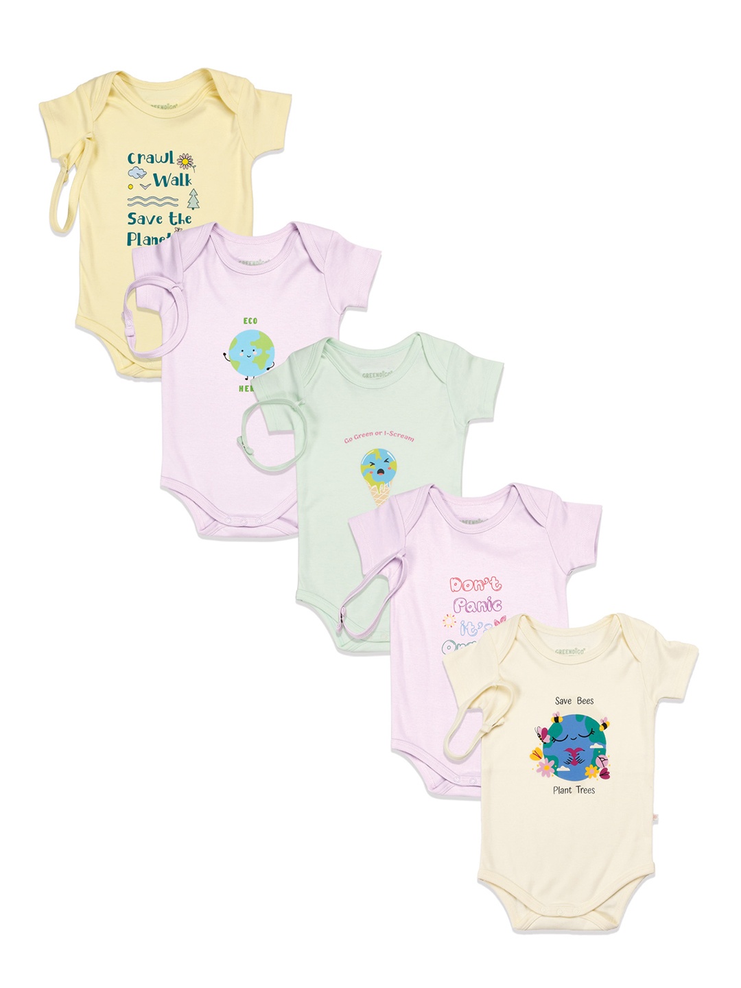 

GREENDIGO Infants Pack Of 5 Printed Organic Cotton Rompers, Lavender