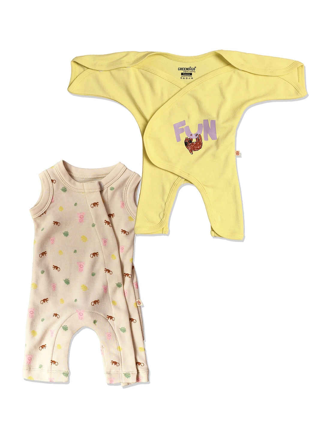 

GREENDIGO Infants Pack Of 2 Printed Organic Cotton Rompers, Yellow