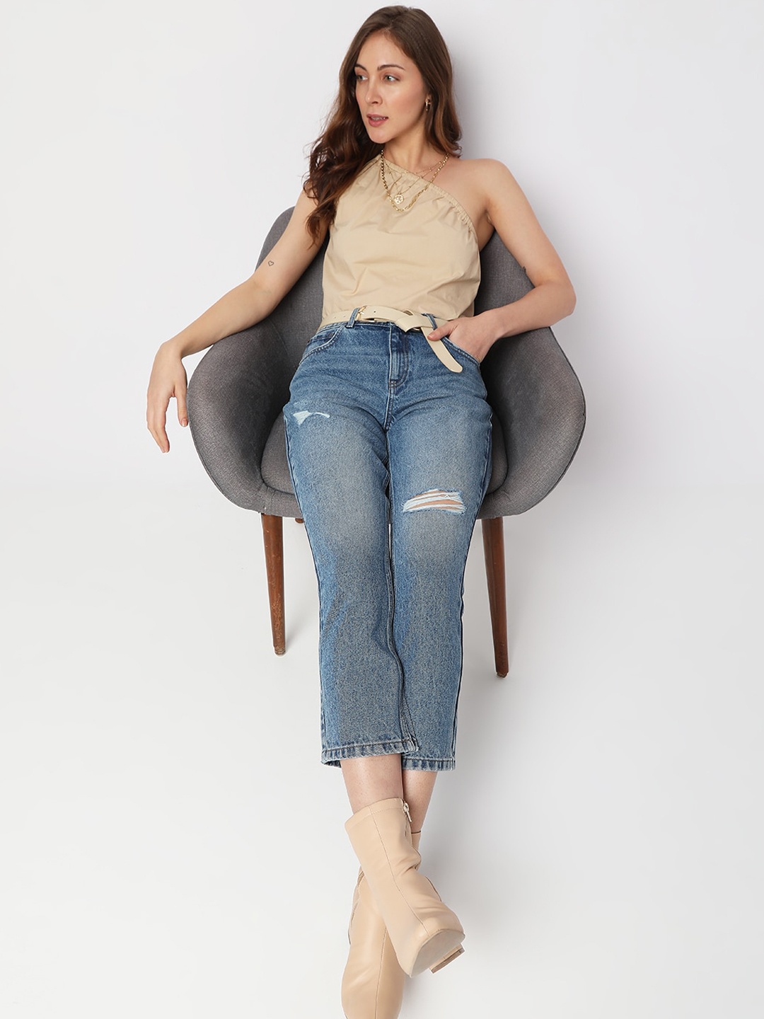 

Vero Moda Women Cotton High-Rise Highly Distressed Heavy Fade Jeans, Blue