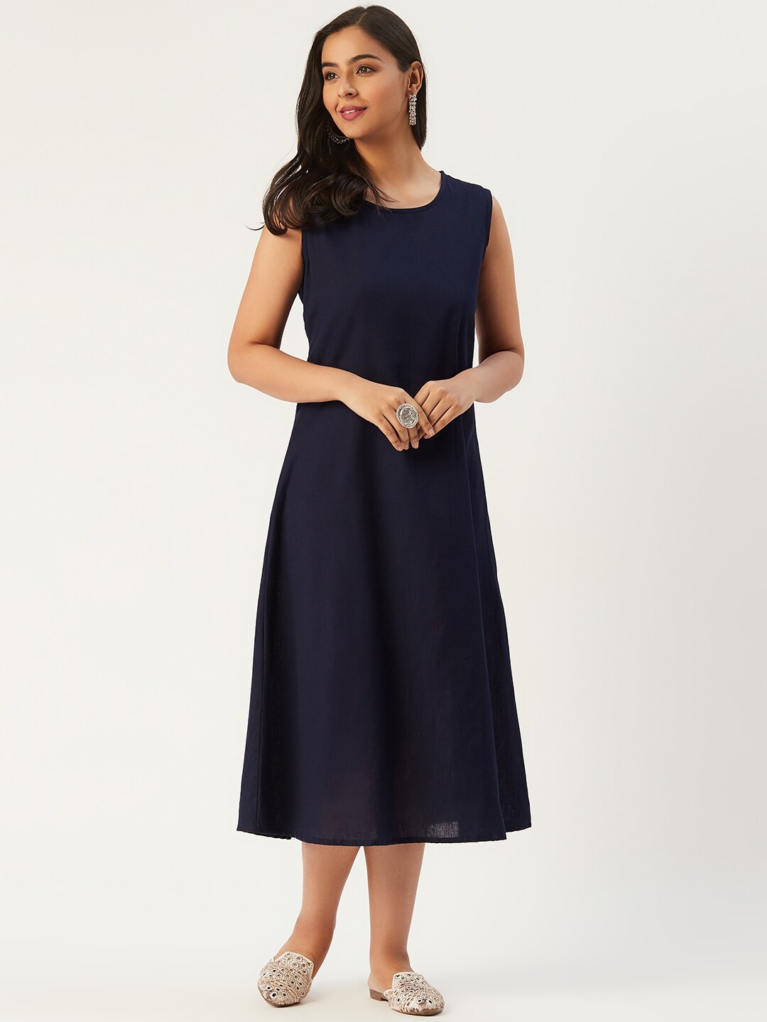 

Molcha Sleeveless Pure Cotton A-Line Midi Dress, Navy blue