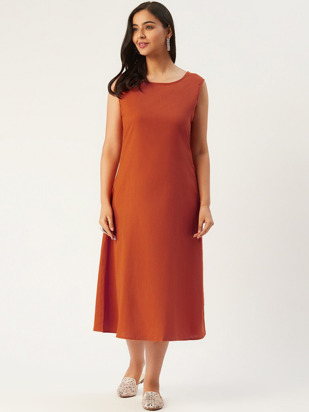 

Molcha Sleeveless Pure Cotton A-Line Midi Dress, Rust