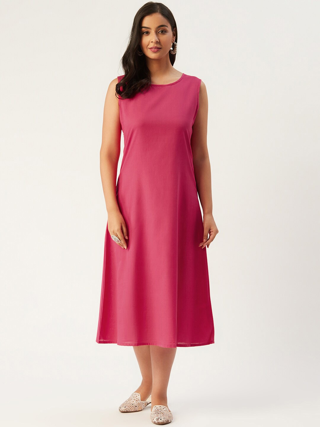 

Molcha Sleeveless Pure Cotton A-Line Midi Dress, Pink
