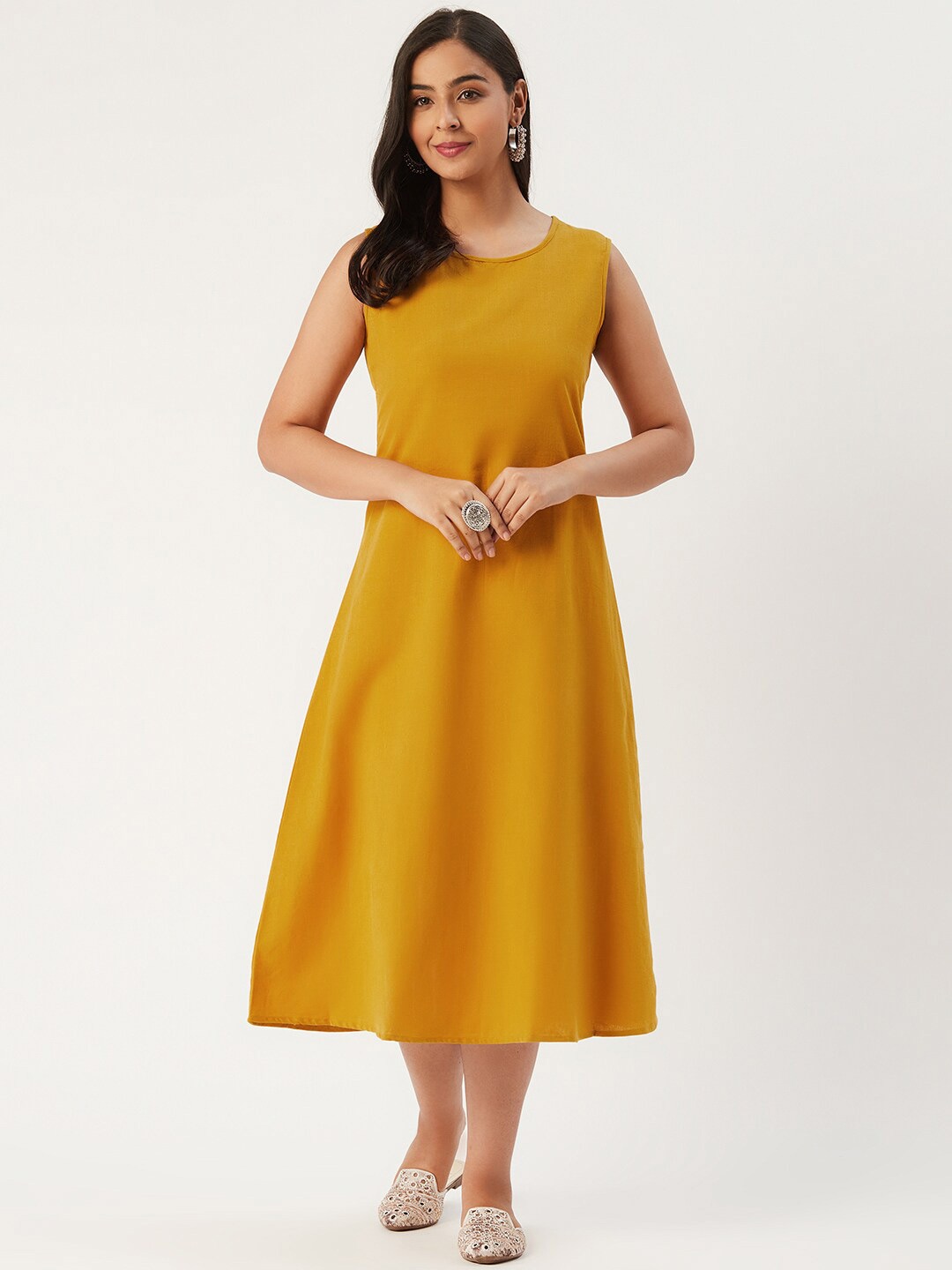 

Molcha Round Neck A-Line Cotton Midi Dress, Mustard