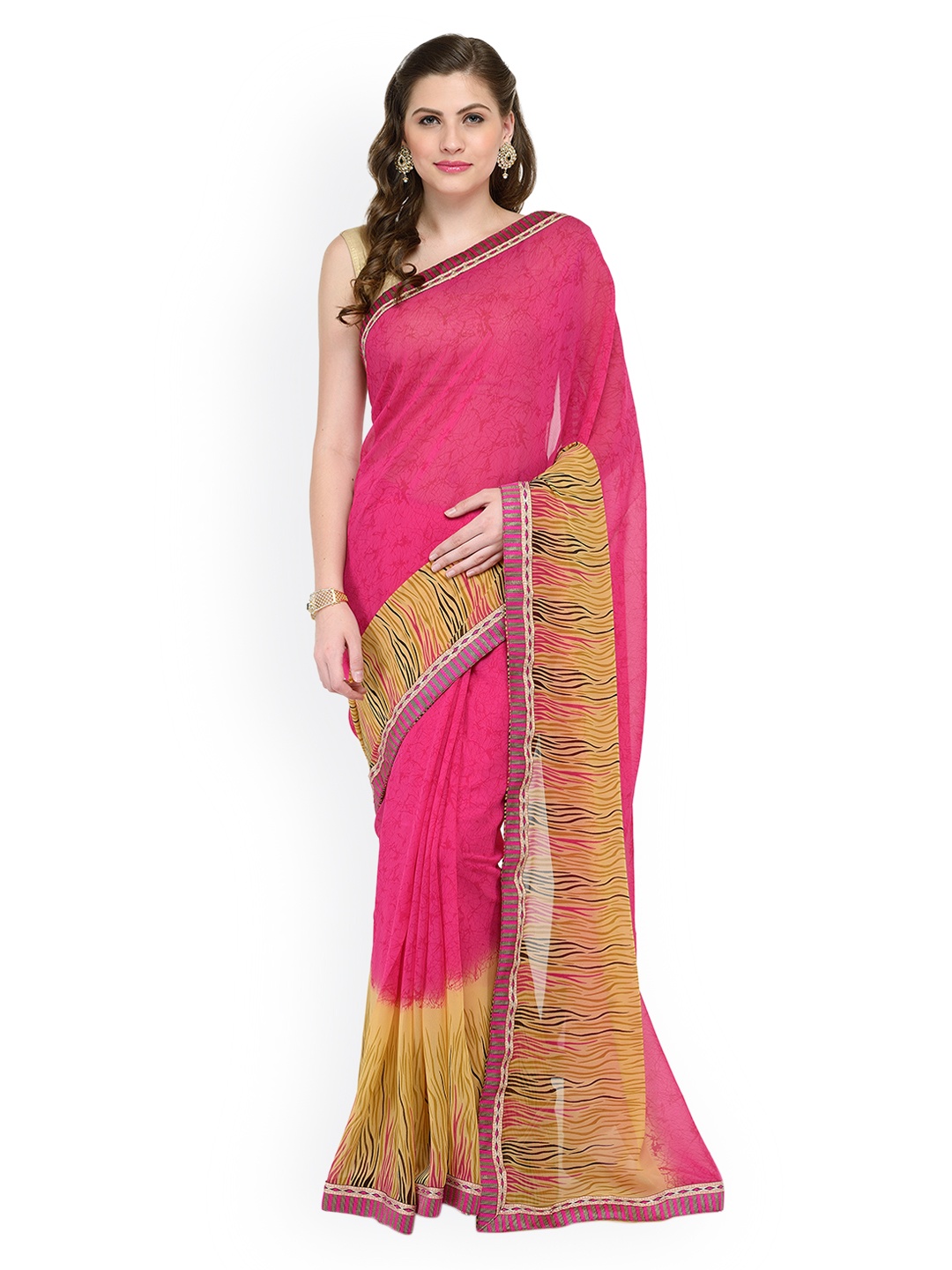 

Kvsfab Pink Printed Poly Georgette Saree