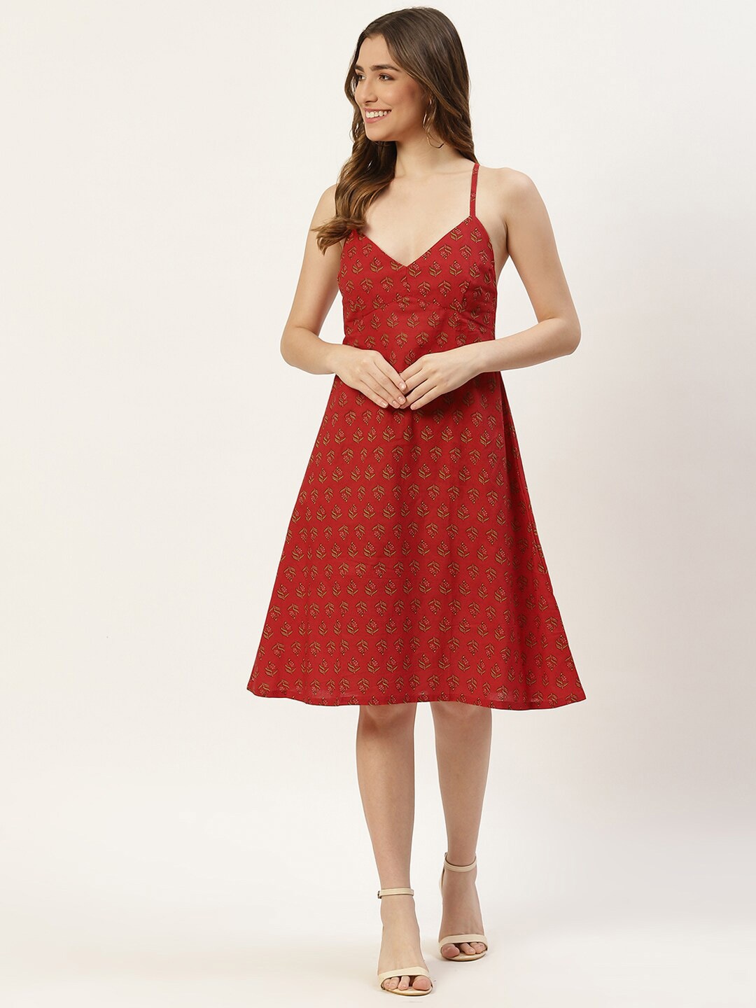 

Molcha Shoulder Strap Floral Printed Fit & Flare Cotton Dress, Red