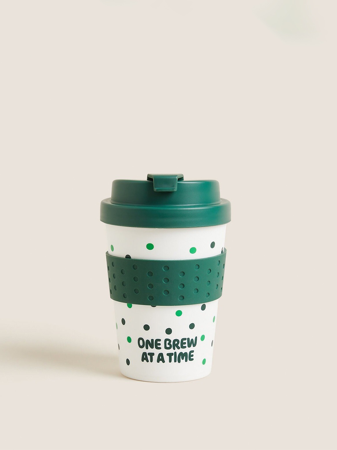 

Marks & Spencer Macm Green & White Printed Plastic Matte Travel Mug 250 ml