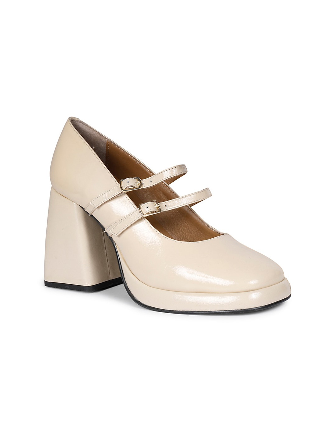 

Saint G Closed Back Leather Block Pumps With Buckles, White