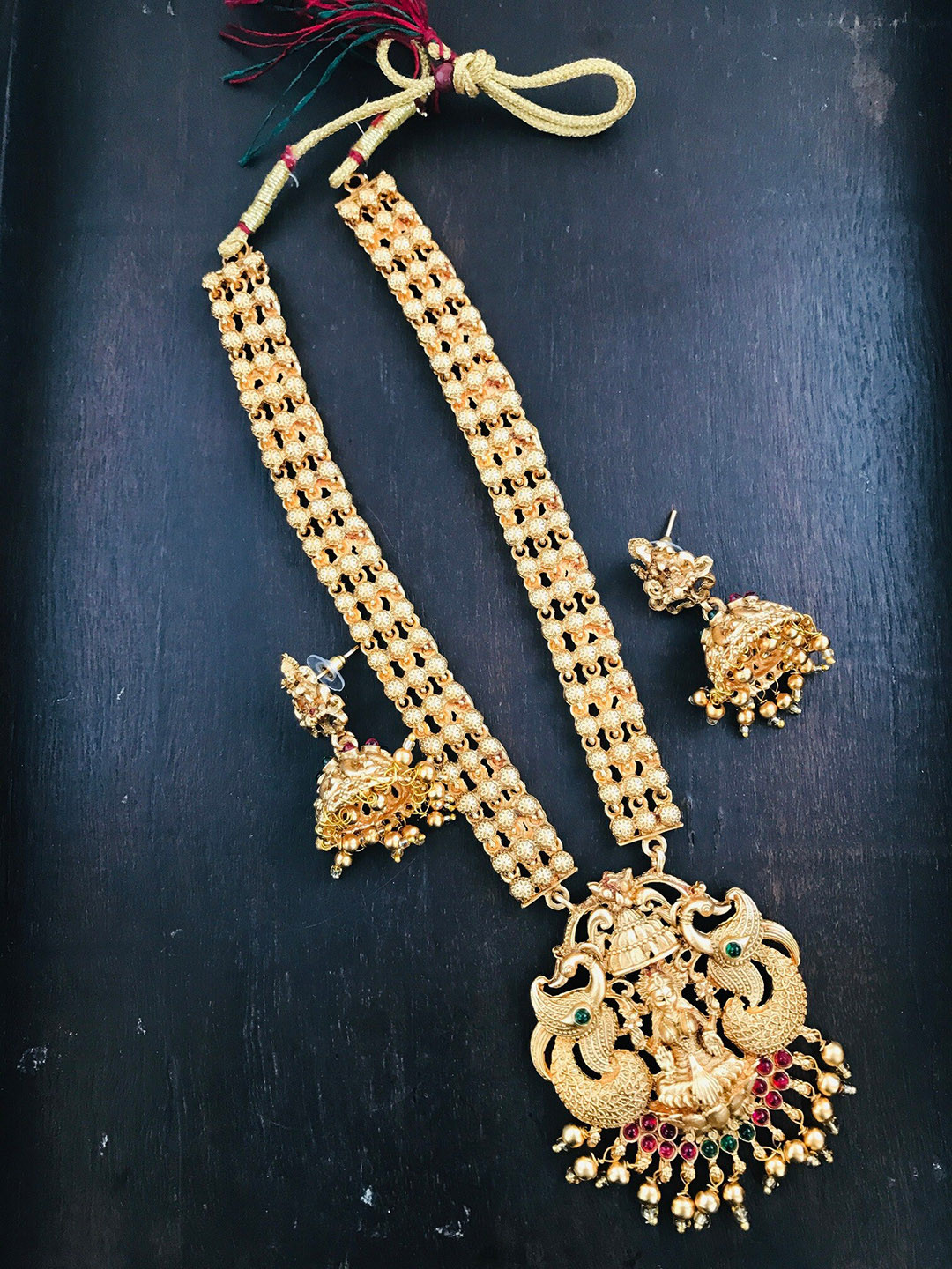 

The Opal Factory Gold-Plated Ruby-Studded & Beaded Temple Jewellery Set