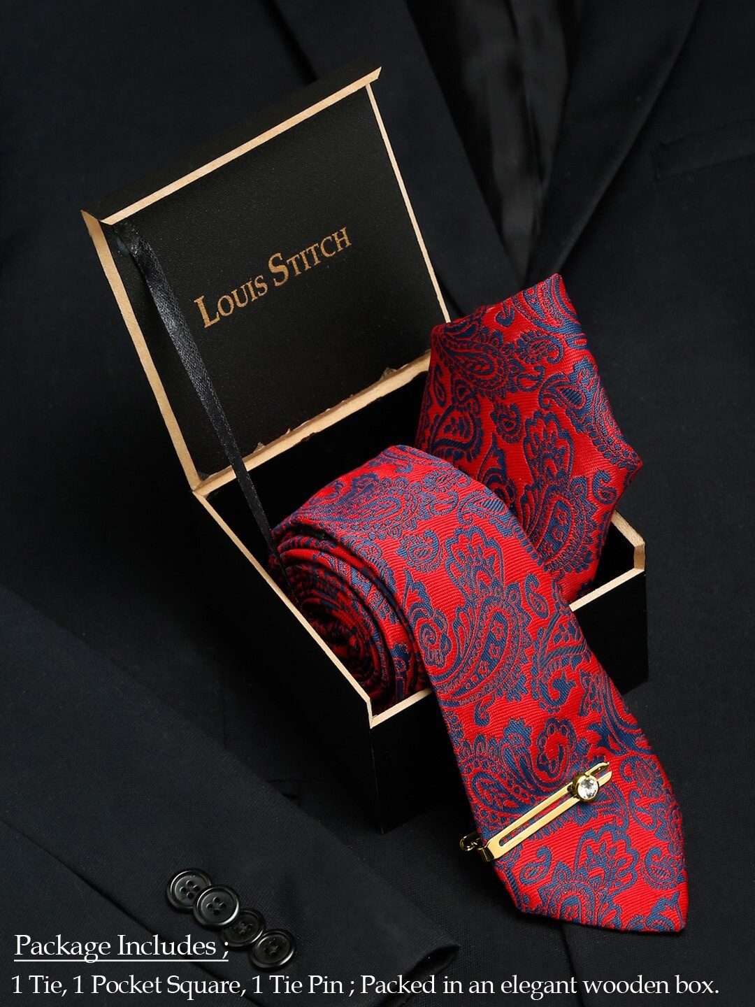 

LOUIS STITCH Men's Italian Silk Necktie Accessory Gift Set, Red