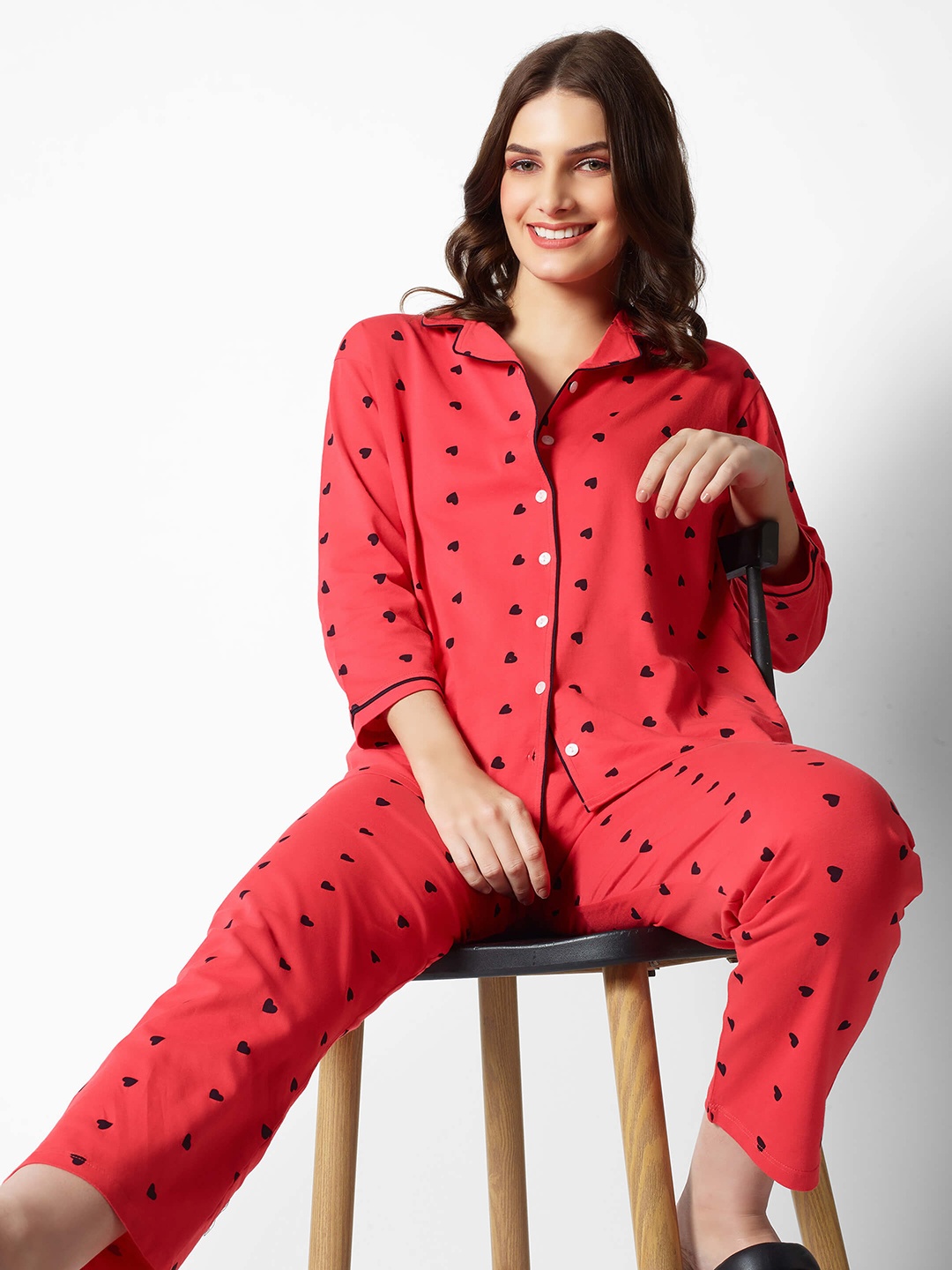 

Zeyo Women Printed Pure Cotton Night suit, Red