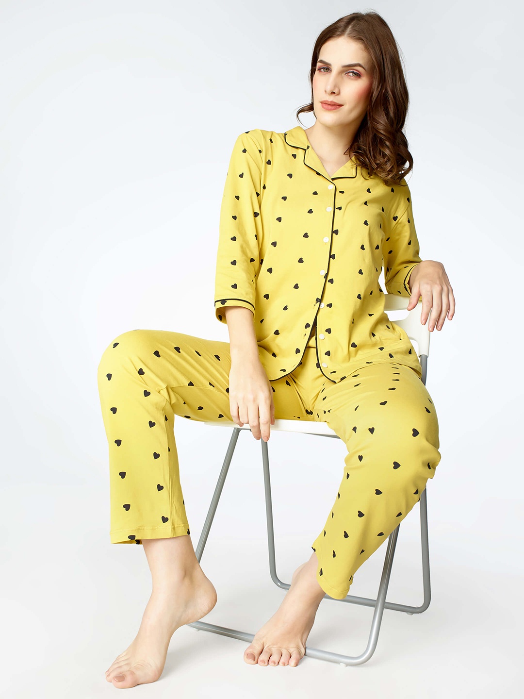 

Zeyo Women Printed Pure Cotton Night suit, Yellow