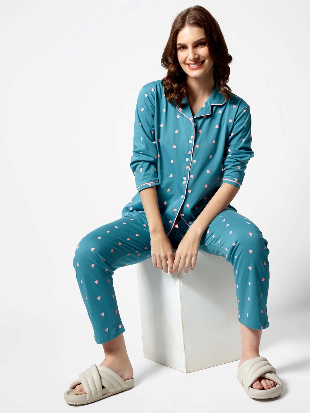 

Zeyo Women Printed Pure Cotton Night suit, Sea green