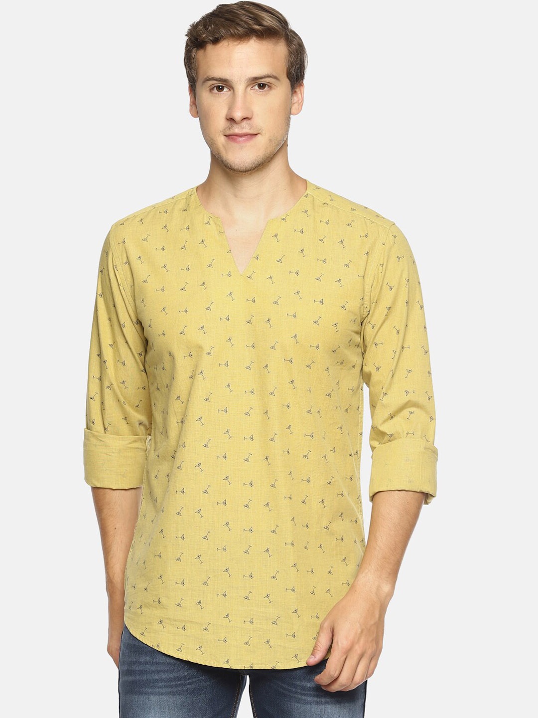 

Bene Kleed Men Conversational Printed Pure Cotton Kurta, Yellow