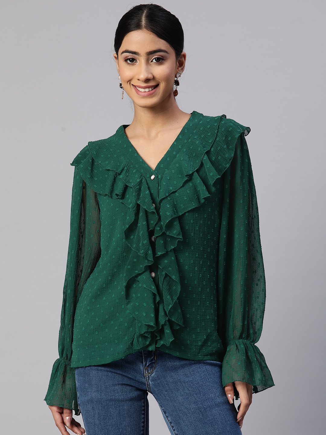 

plusS Self Design Ruffles Top, Green