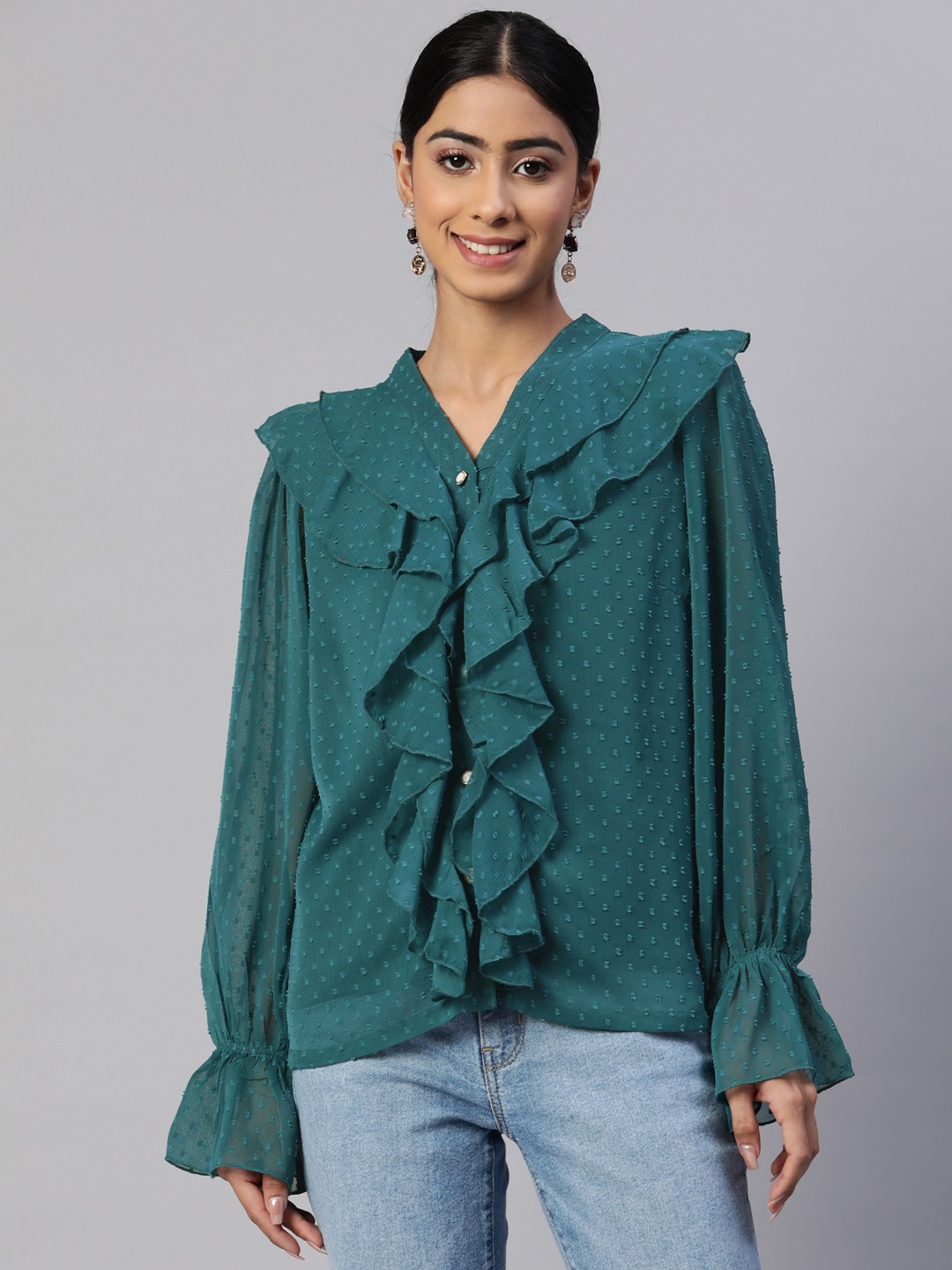 

plusS Self Design Ruffles Top, Green