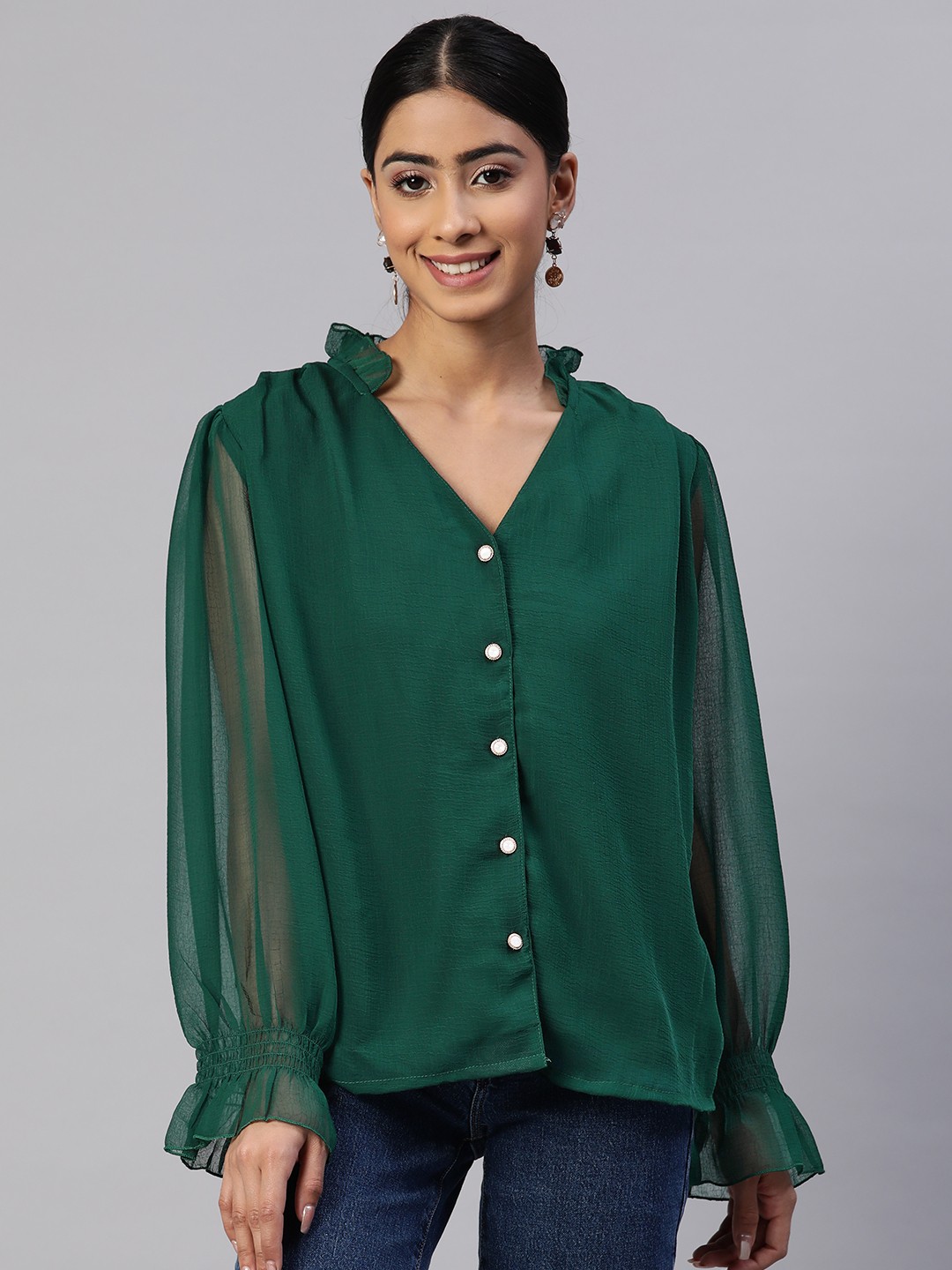 

plusS Solid Semi Sheer Casual Shirt, Green