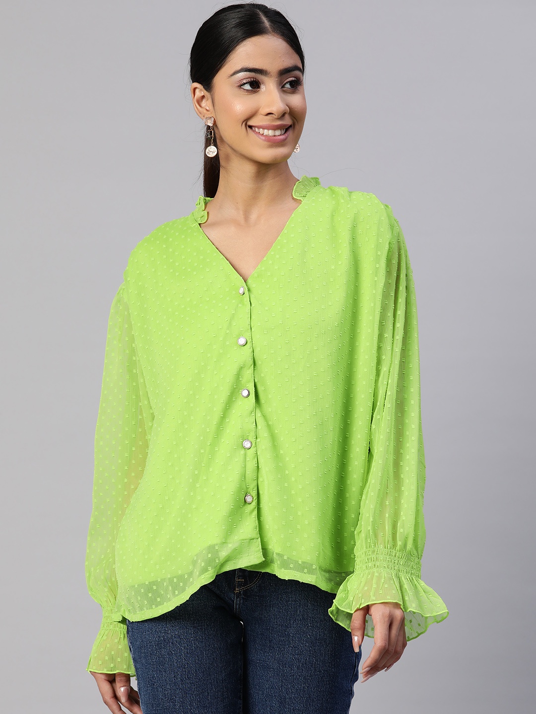 

plusS Self Design Semi Sheer Casual Shirt, Green