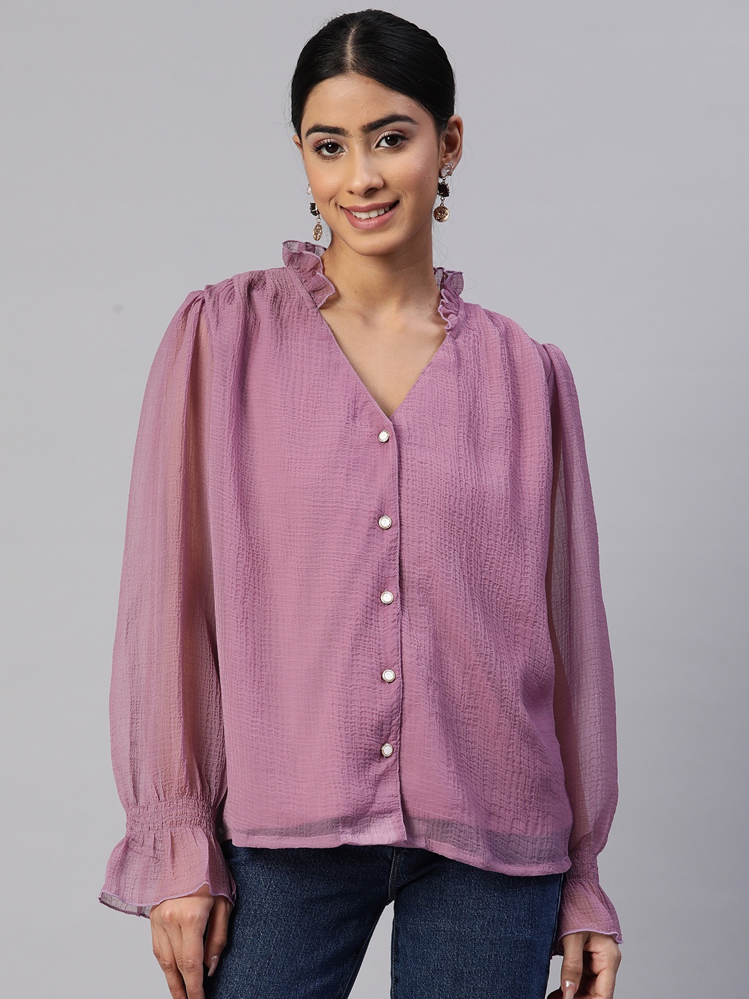 

plusS Solid Semi Sheer Casual Shirt, Mauve