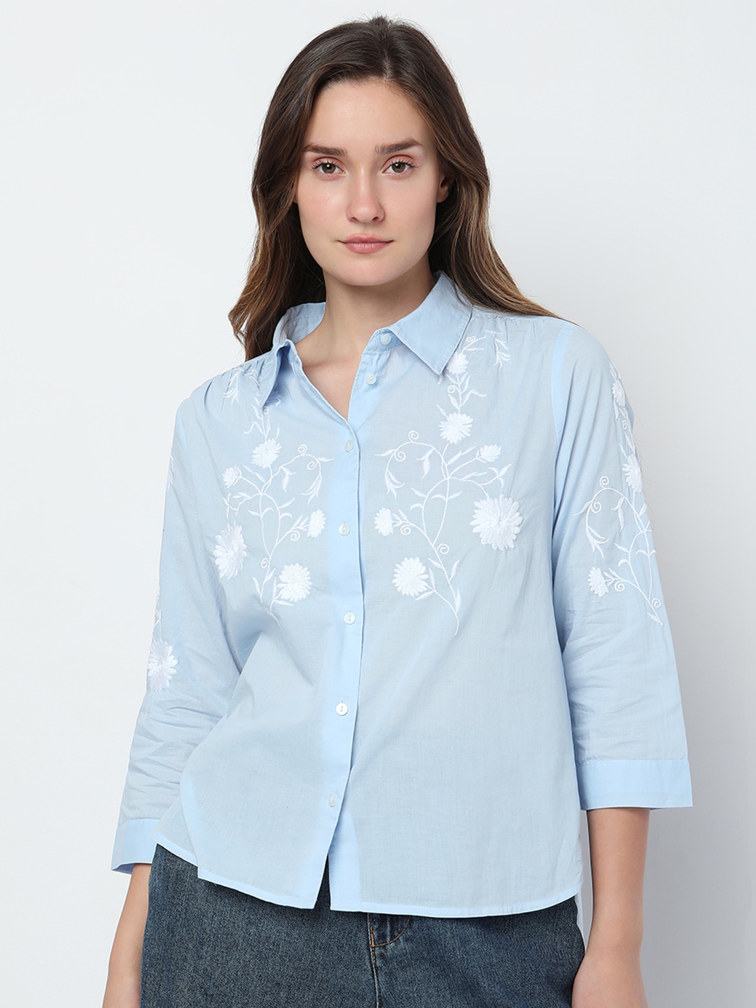 

Vero Moda Women Floral Embroidered Casual Cotton Shirt, Blue