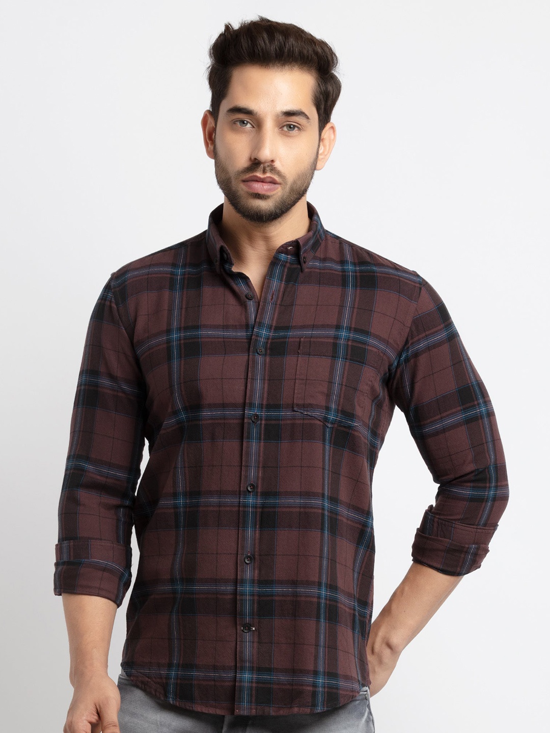 

Status Quo Men Slim Fit Tartan Checked Cotton Casual Shirt, Coffee brown