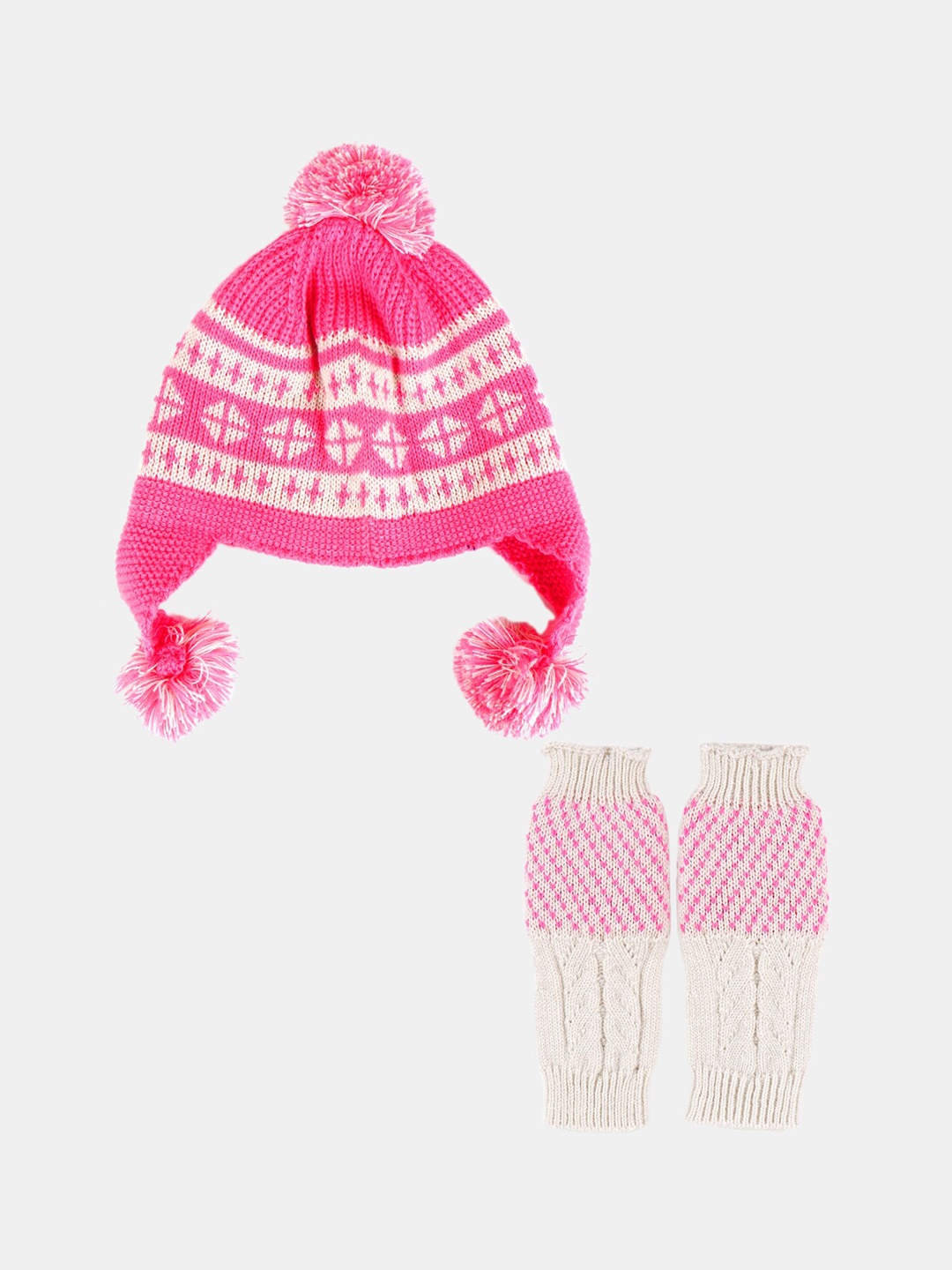 

Bharatasya Pack of 2 Kids Self Design Beanie Cap & Thermal Acrylic Mittens, Pink