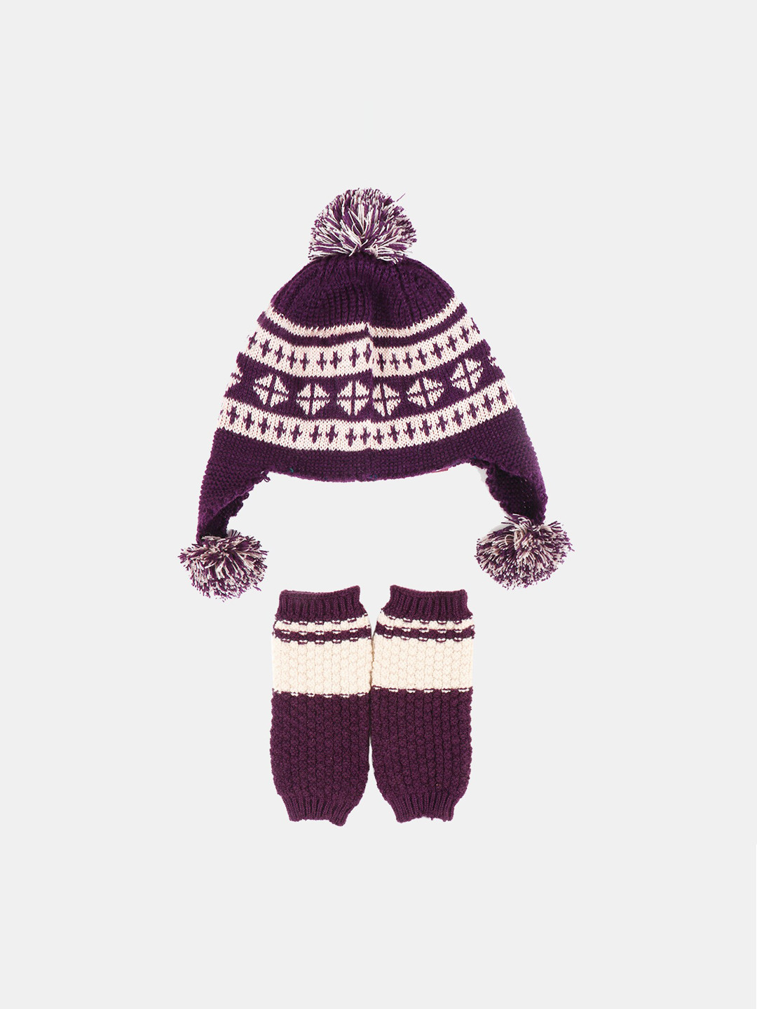 

Bharatasya Pack of 2 Kids Self Design Beanie Cap & Thermal Acrylic Mittens, Purple