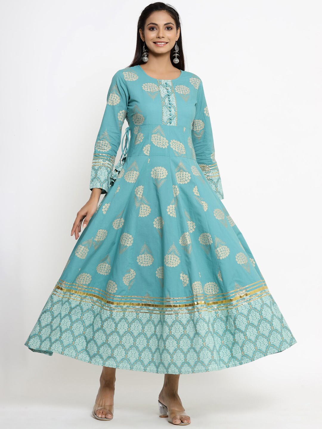 

kipek Women Ethnic Motifs Printed Gotta Patti Indie Prints Anarkali Kurta, Turquoise blue