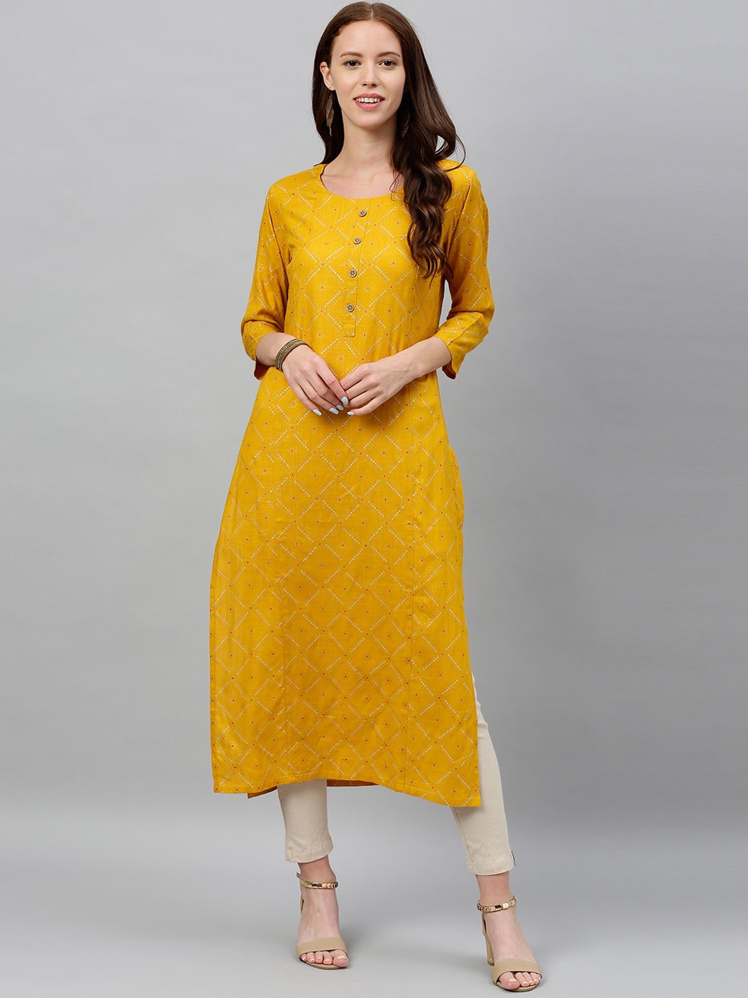 

kipek Women Ethnic Motifs Printed Indie Prints Kurta, Mustard