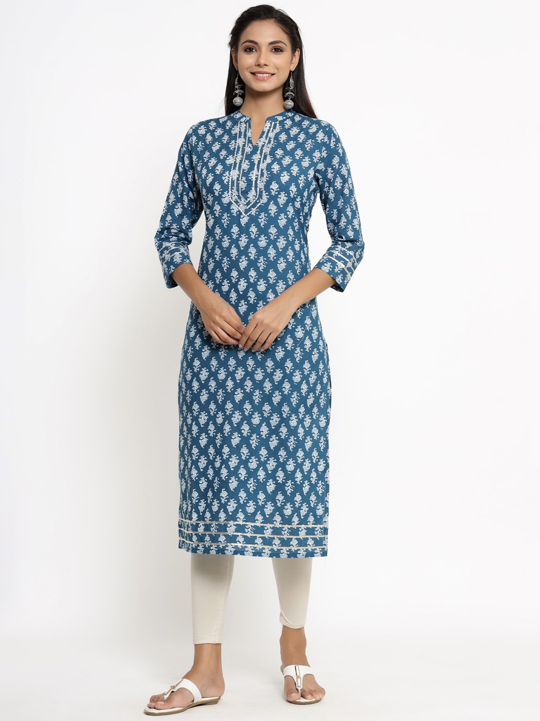 

kipek Women Ethnic Motifs Printed Gotta Patti Indigo Cotton Kurta, Blue