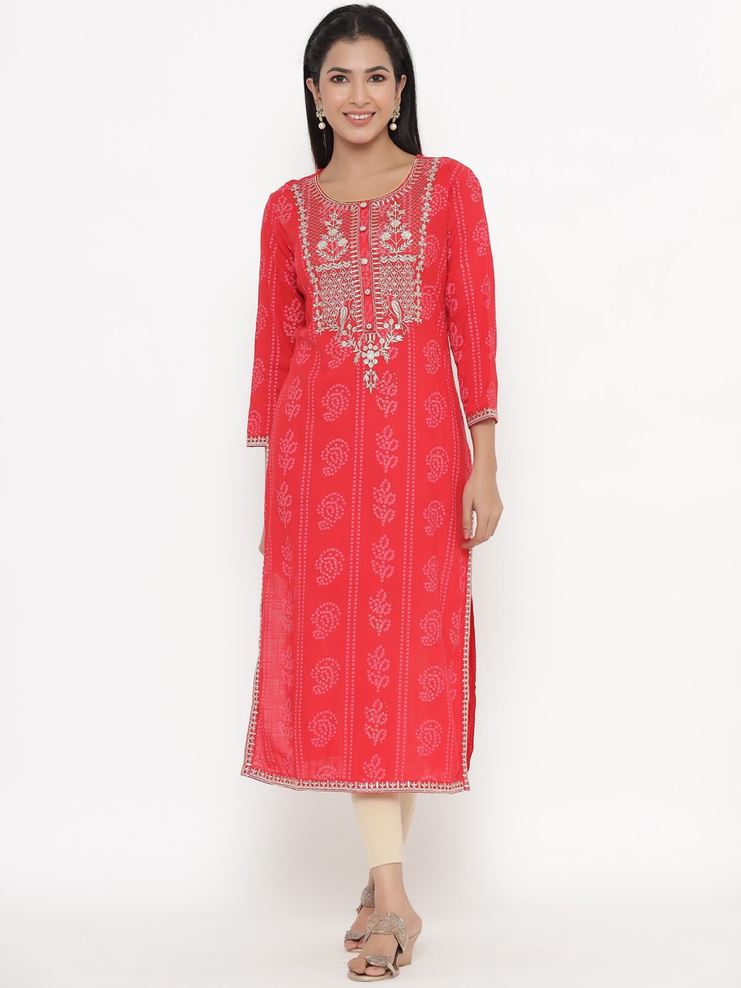 

kipek Women Bandhani Embroidered Thread Work Indie Prints Kurta, Red