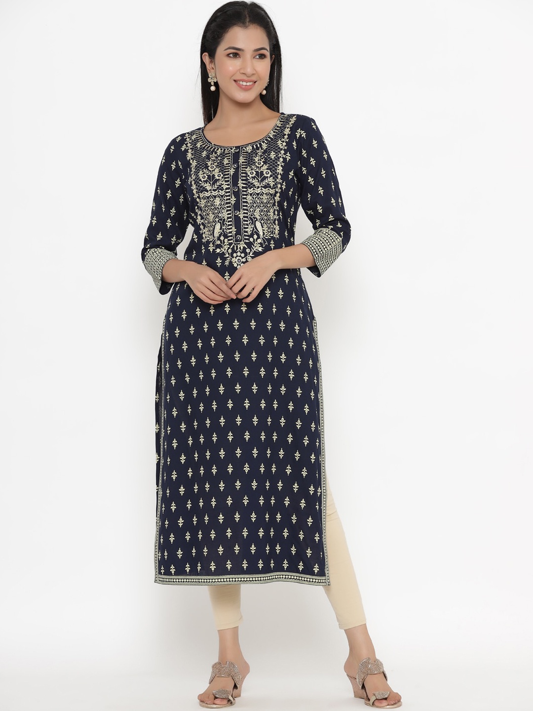 

kipek Women Ethnic Motifs Printed Thread Work Indie Prints Kurta, Navy blue