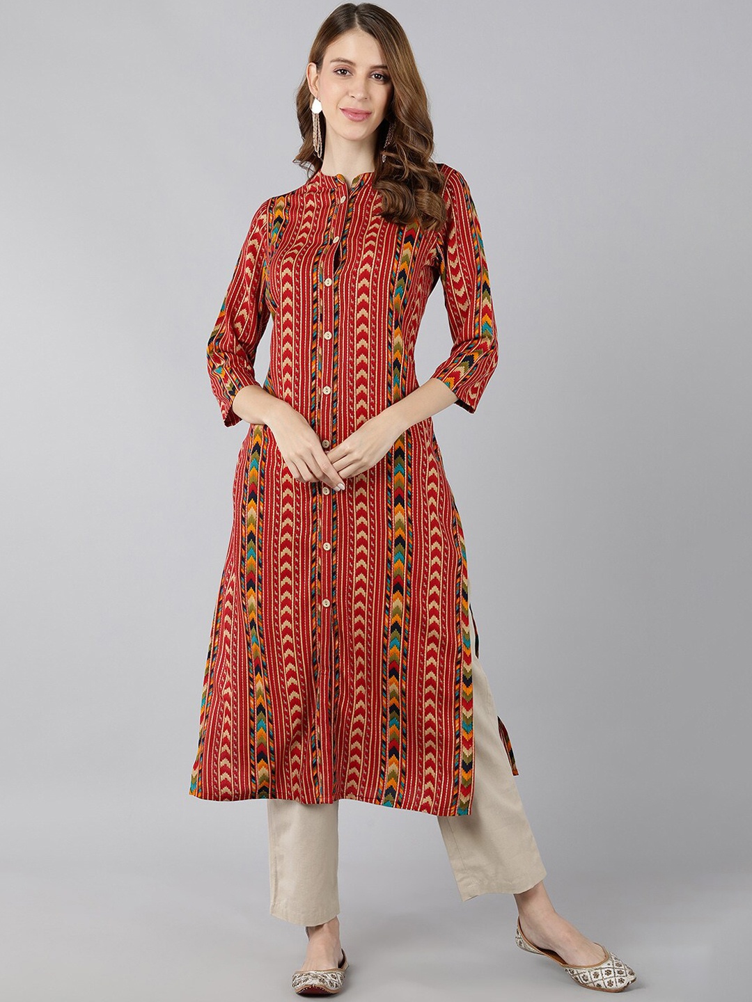 

kipek Women Geometric Printed Thread Work Kurta, Red
