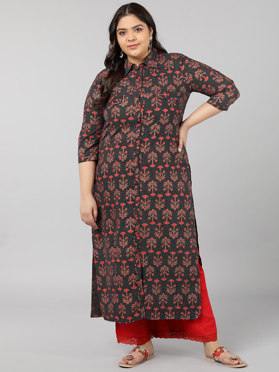 

kipek Women Plus Size Ethnic Motifs Printed Pure Cotton Kurta, Black