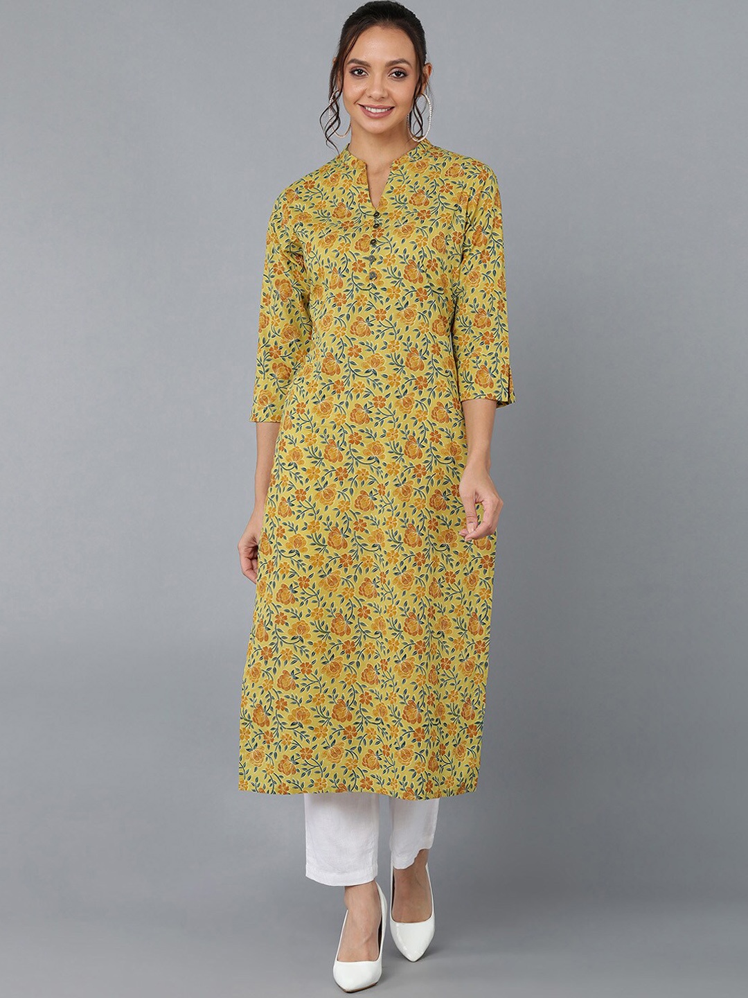 

kipek Women Floral Printed Cotton Kurta, Mustard