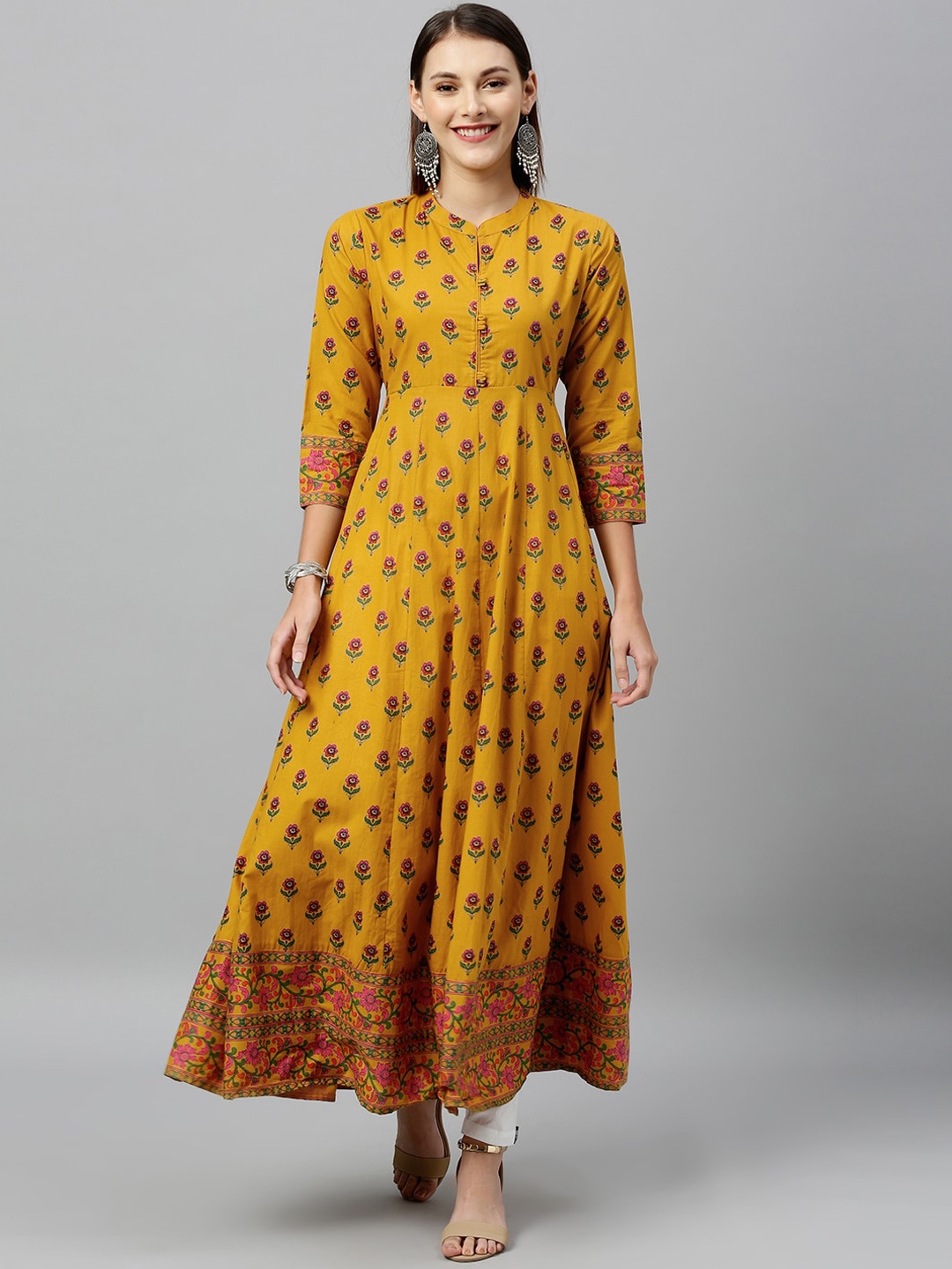 

kipek Ethnic Motifs Printed Band Collar Anarkali Cotton Kurta, Mustard