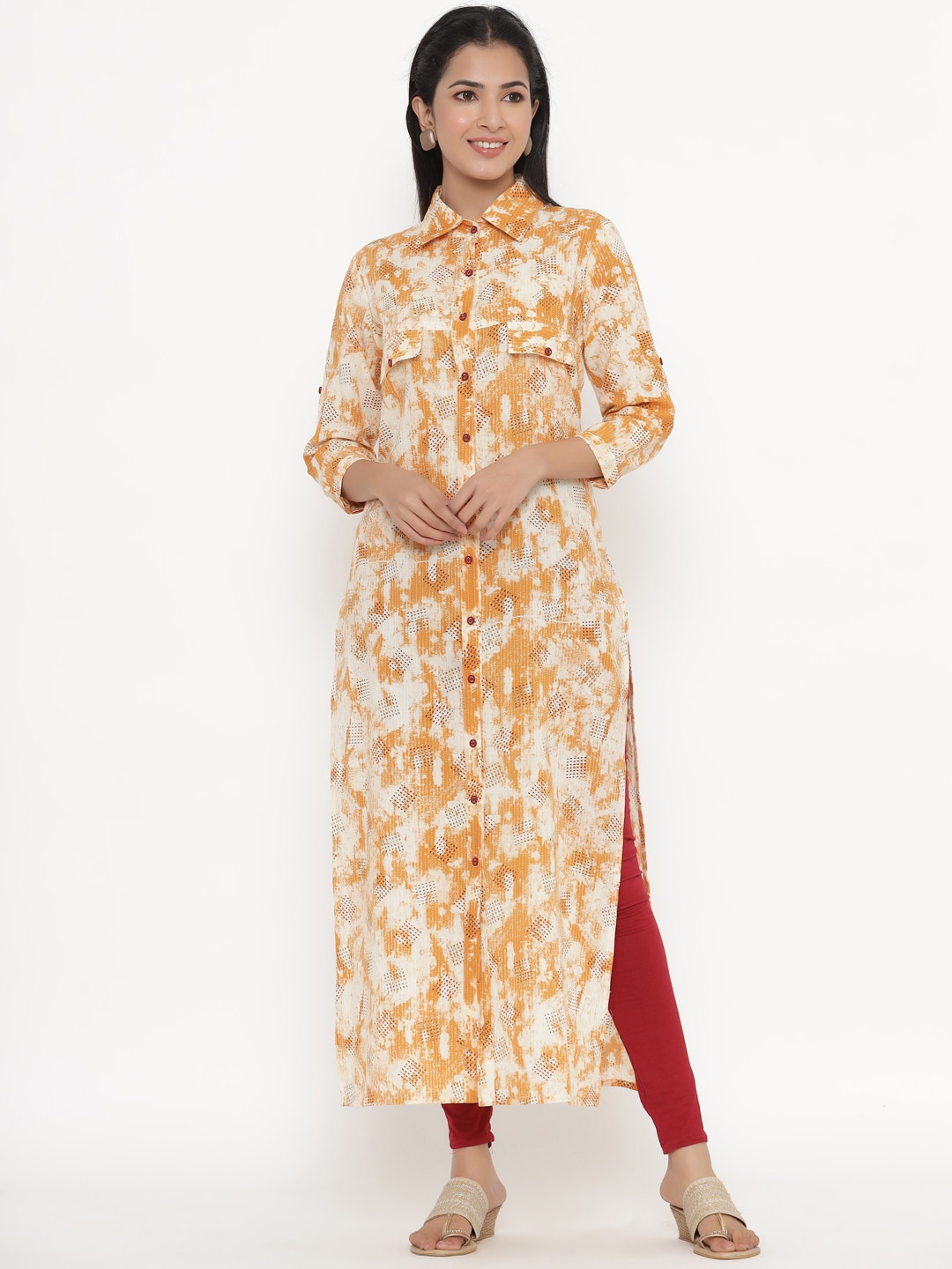 

kipek Shirt Collar Printed Pathani Cotton Kurta, Mustard