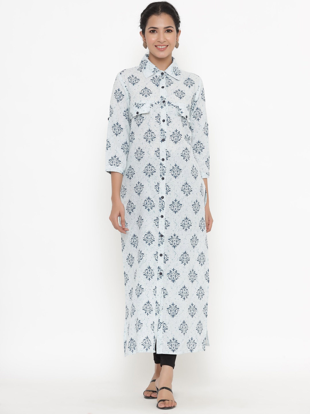

kipek Ethnic Motifs Printed Pathani Cotton Kurta, Blue