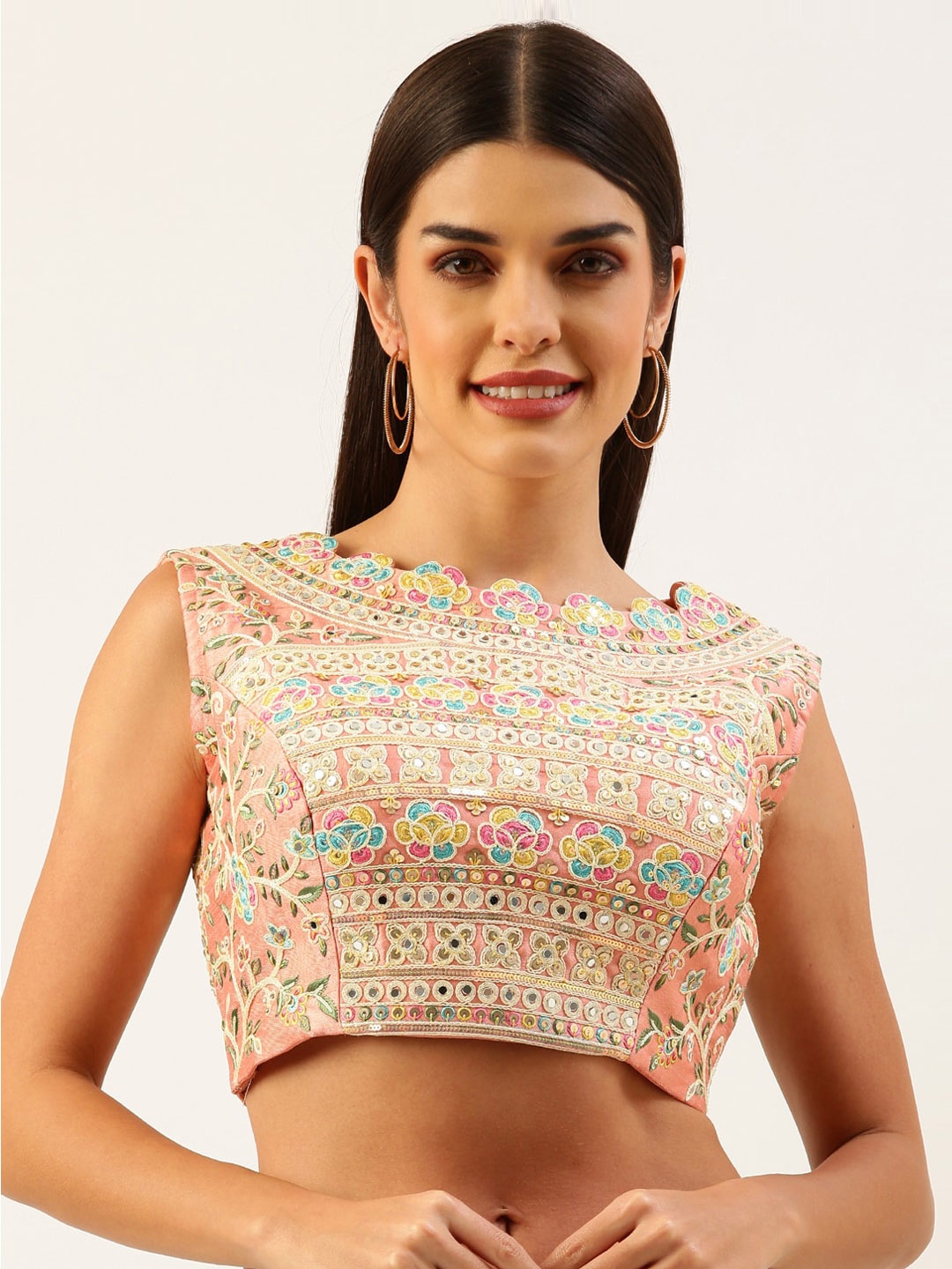 

panchhi Embroidered Boat Neck Padded Saree Blouse, Coral