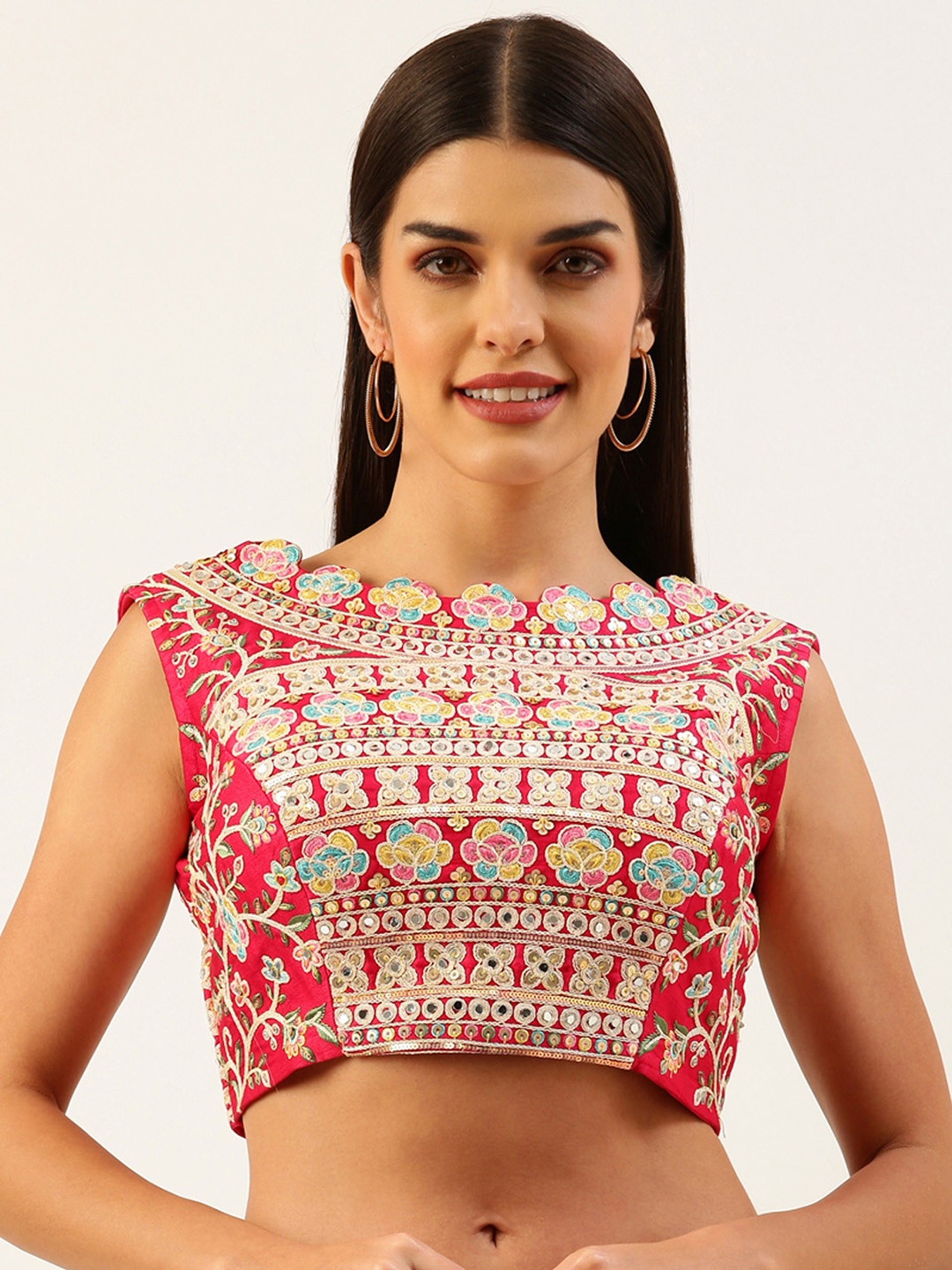 

panchhi Sequin Mirror Embroidered Pure Silk Boat Neck Saree Blouse, Rose