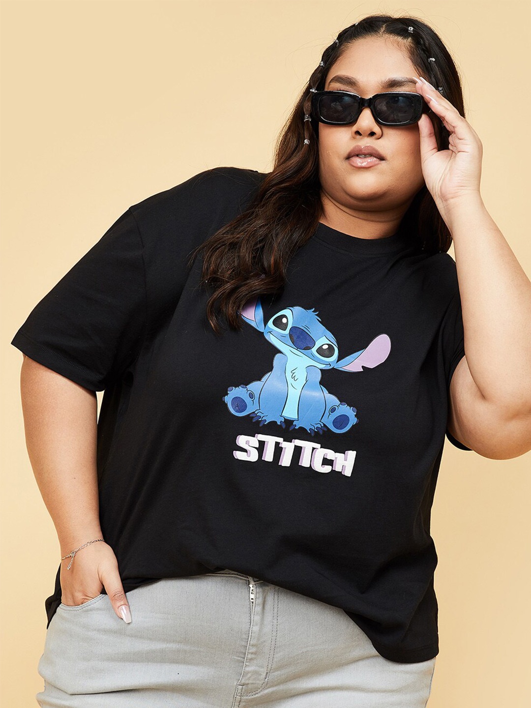 

max Women Plus Size Printed Pure Cotton T-shirt, Black