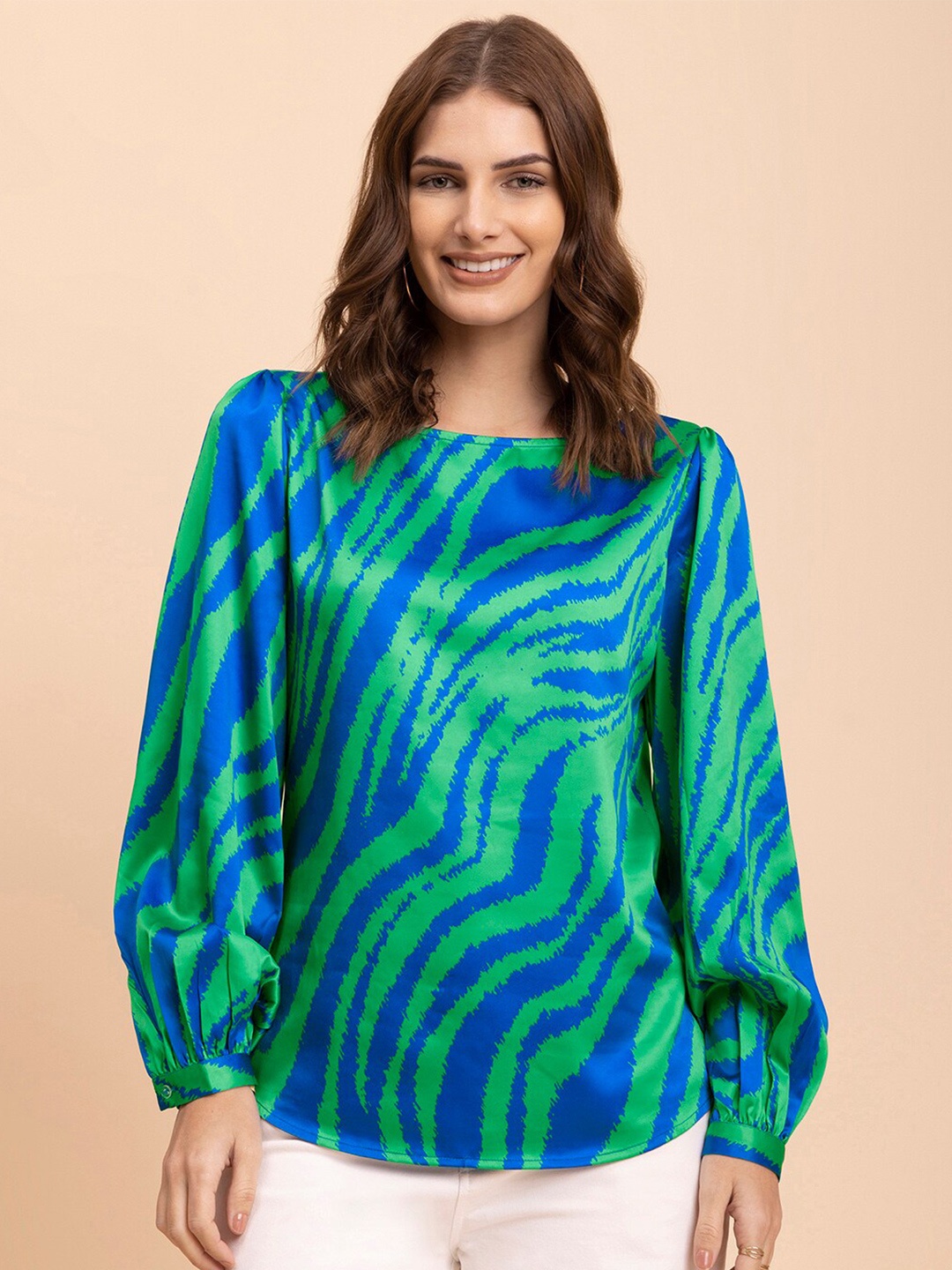 

FableStreet Round Neck Print Top, Blue