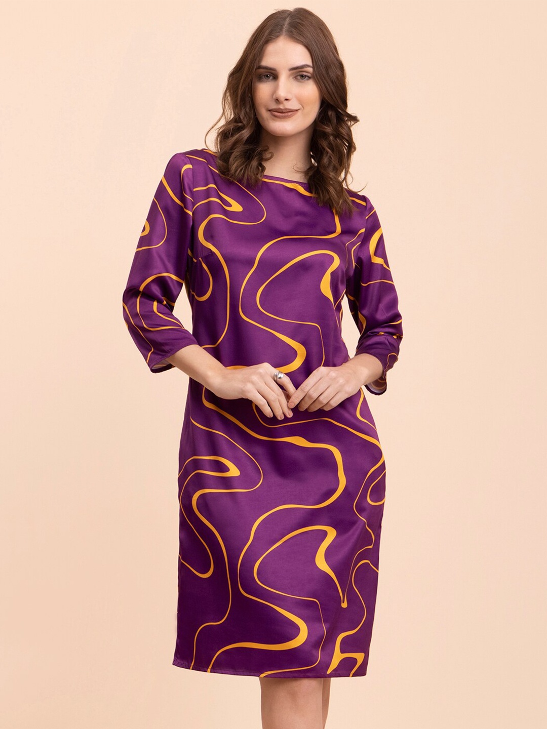 

FableStreet Printed Boat Neck Satin Sheath Dress, Purple
