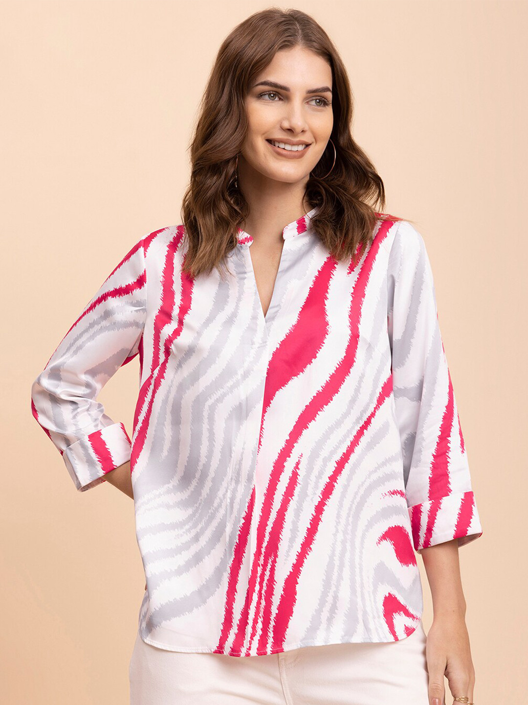 

FableStreet Printed Mandarin Collar Shirt Style Top, Fuchsia