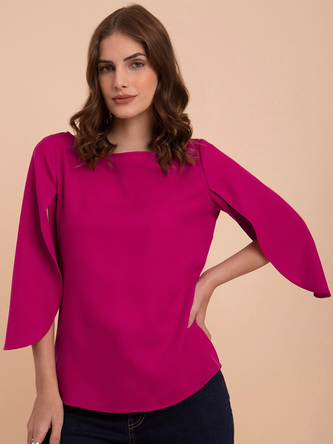 

FableStreet Slit Sleeve Boat Neck Top, Pink