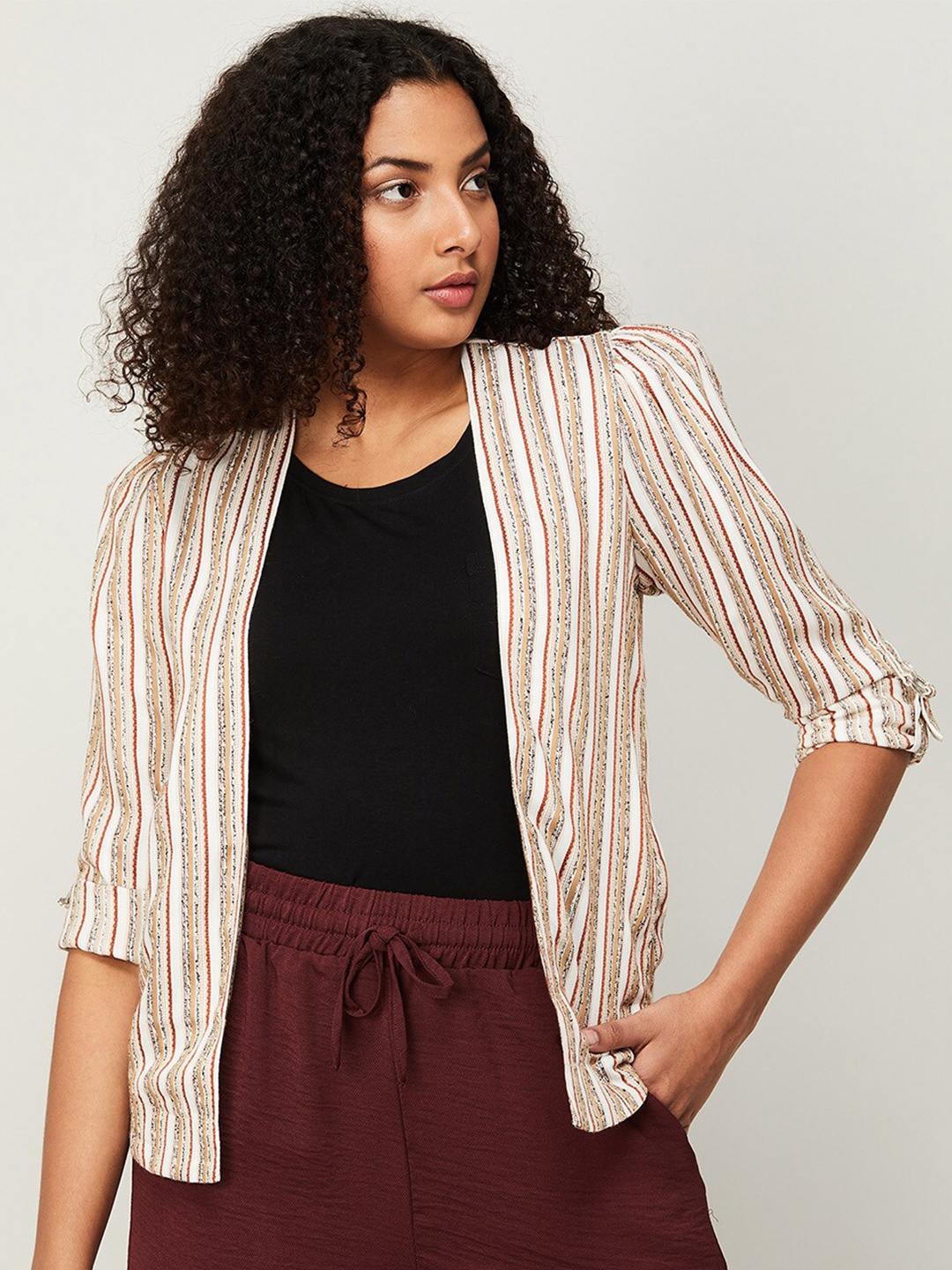 

CODE by Lifestyle Women Striped Opened Front Shrug, Beige