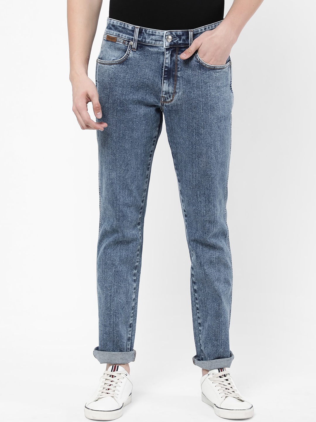 

Wrangler Men Straight Fit Heavy Fade Stretchable Cotton Jeans, Blue